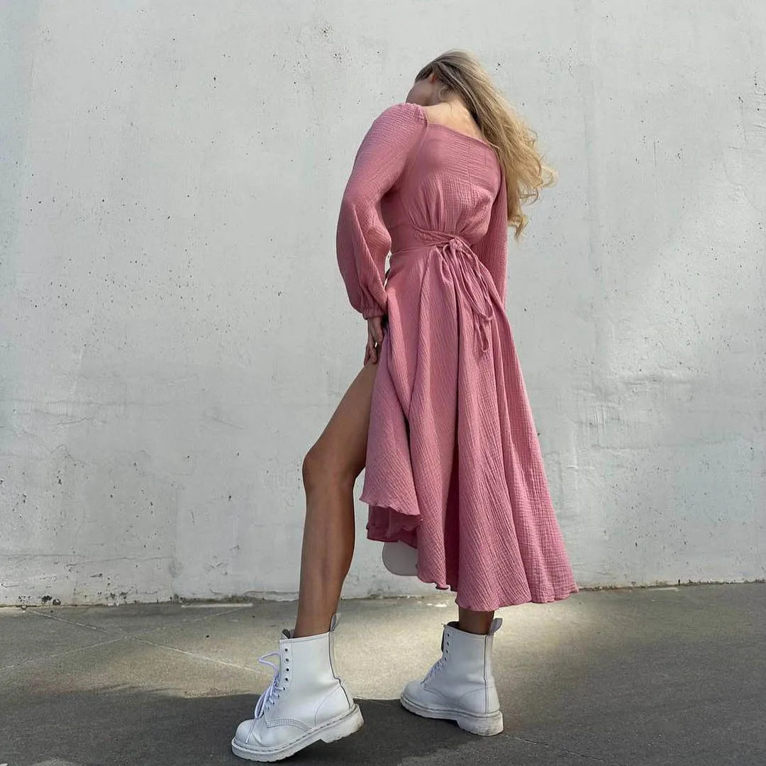 Lace-Up Lantern Sleeve Midi Dress - Festigal