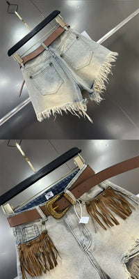 Denim Distressed Tassel Shorts - Festigal