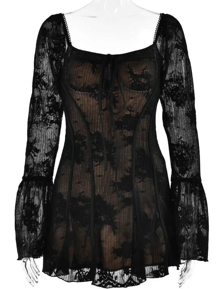 Square Neck Lace Flare Sleeve Mini Dress - Festigal