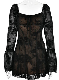 Square Neck Lace Flare Sleeve Mini Dress - Festigal