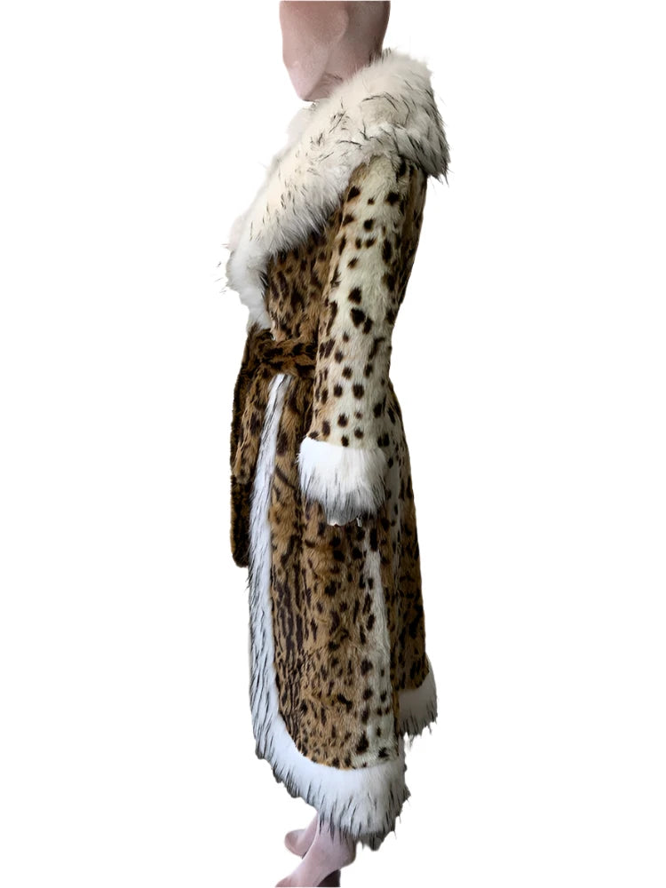 Long Faux Fur Leopard Print Coat - Festigal