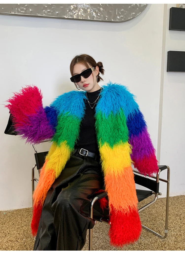 Rainbow Striped Faux Fur Coat - Festigal