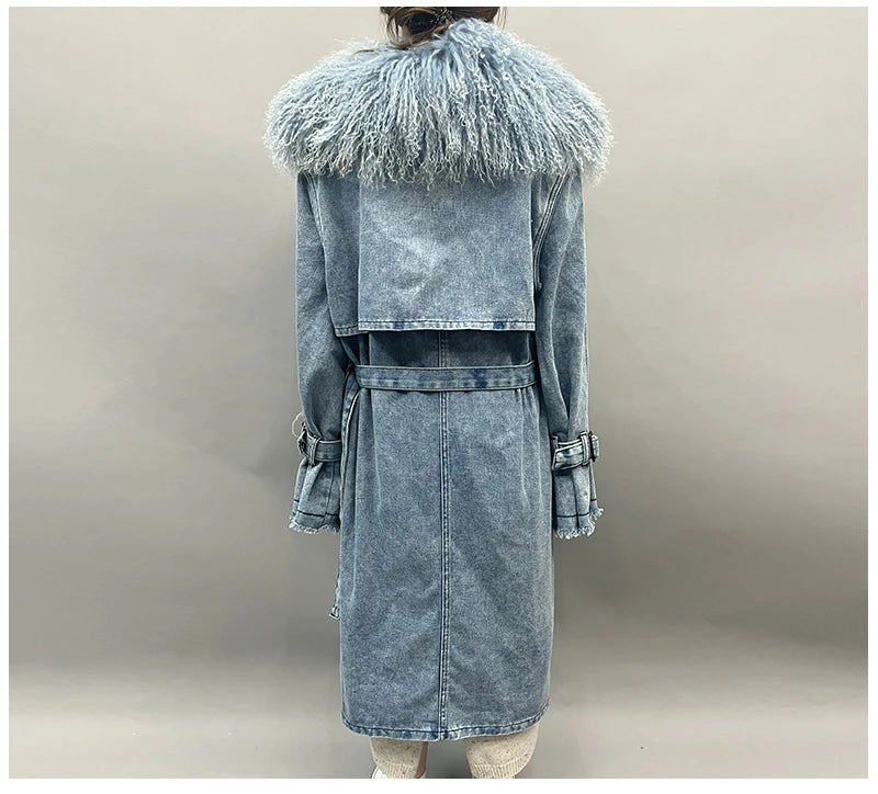 Mongolian Fur Collar Denim Trench Coat - Festigal