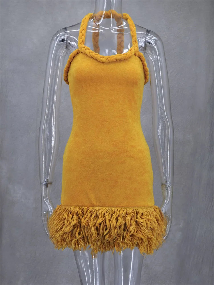 Orange Braided Fluffy Trim Dress - Festigal