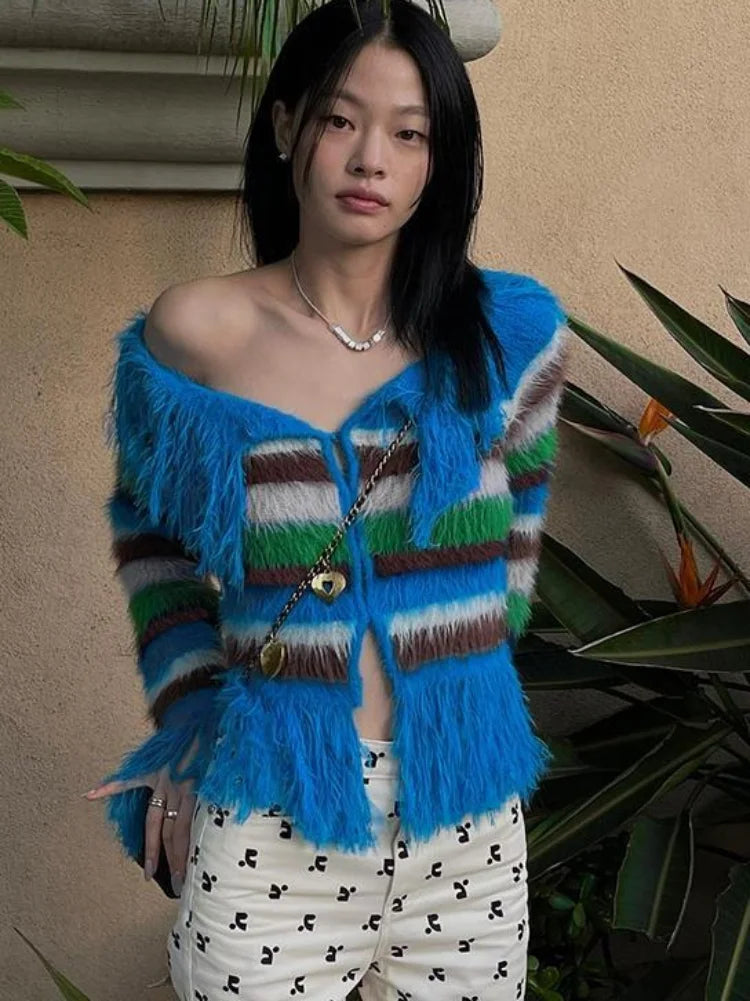 Unusual Slash-Neck Tasselled Cardigan - Festigal