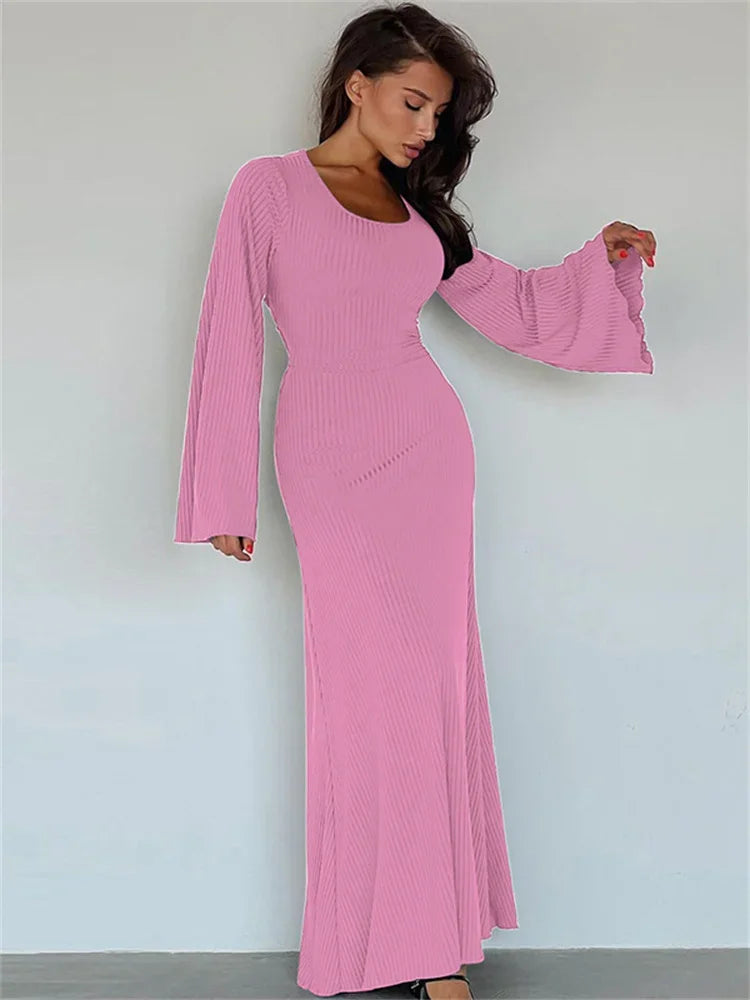 Bell Sleeved Ribbed Maxi Dress - Festigal