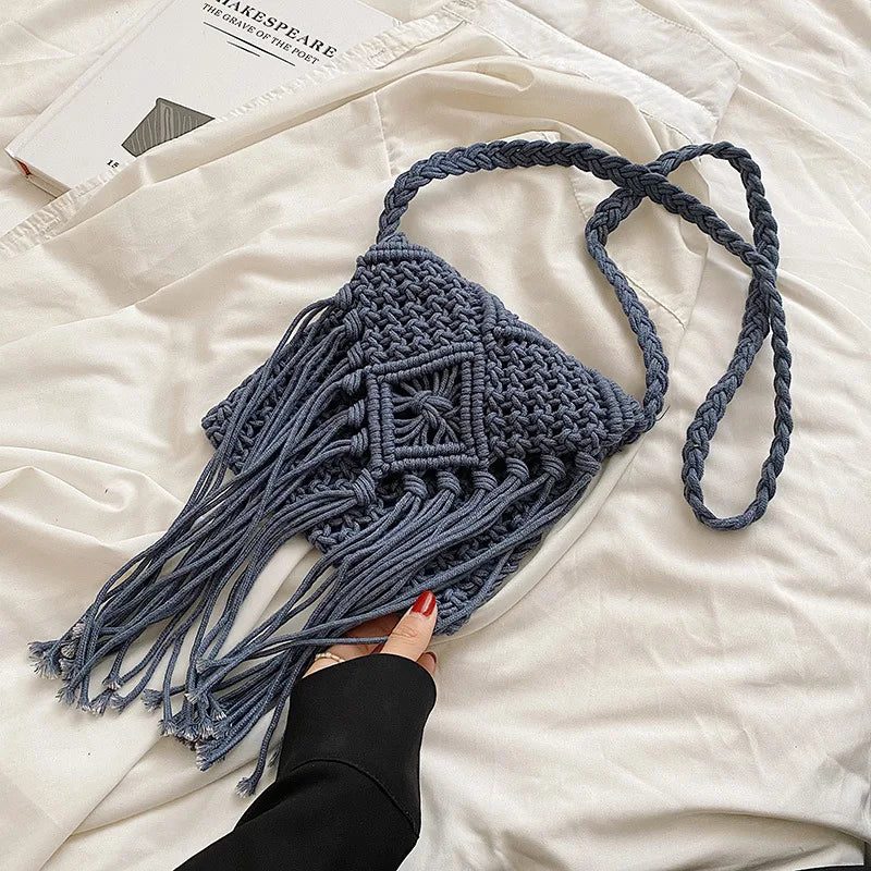 Fringed Woven Crochet Crossbody Bag - Festigal