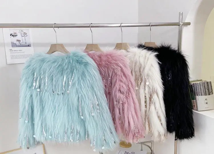 Women's Faux Fur Blue Sequin Tassel Jacket - Festigal