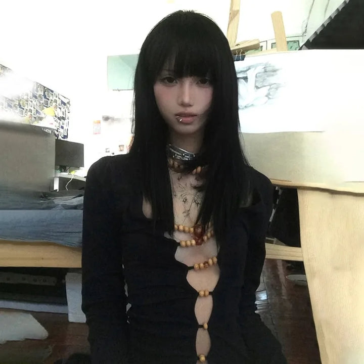 Beaded Hollow Out Long Sleeve Top - Festigal