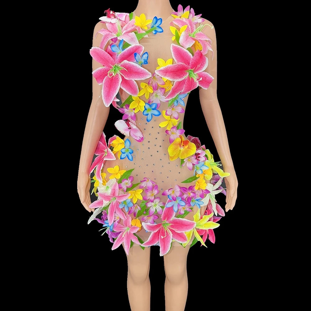 Colorful floral dress with pink flowers on a black background