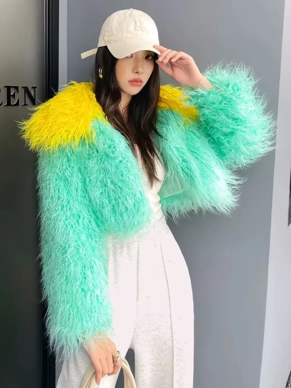 Contrast Cropped Shaggy Jacket - Festigal