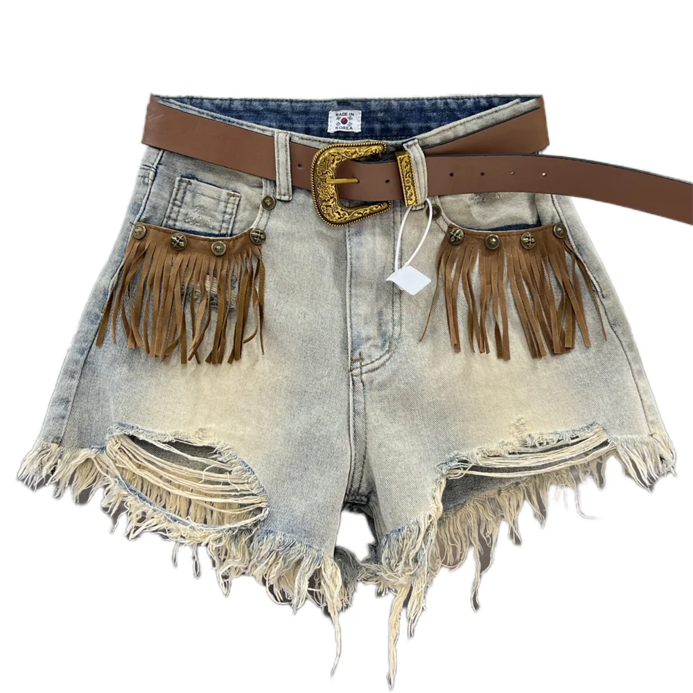 Denim Distressed Tassel Shorts - Festigal
