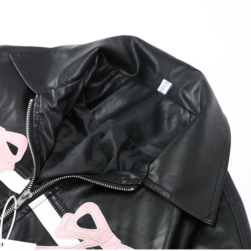 Pink Bow Motorcycle PU Leather Jacket - Festigal