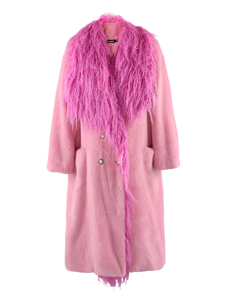 Pink Faux Fur Trim Collar Coat - Festigal