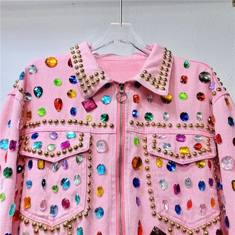 Gem Embellished Pink Denim Jacket - Festigal