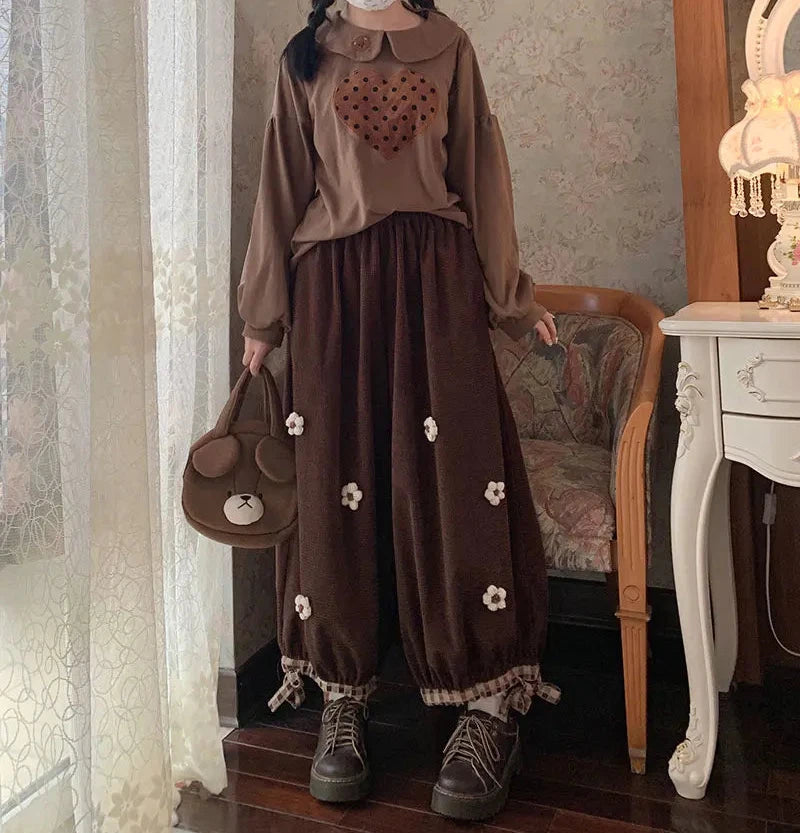 Corduroy Flower Wide Leg Pants - Festigal