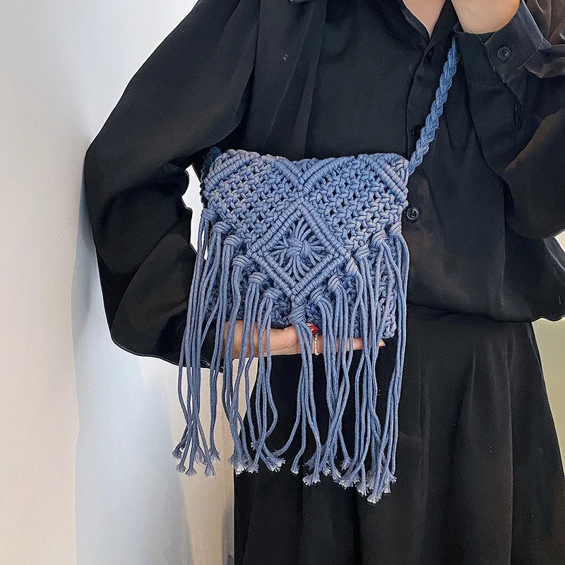 Fringed Woven Crochet Crossbody Bag - Festigal