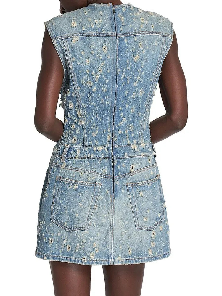 Distressed Denim A-Line Dress - Festigal