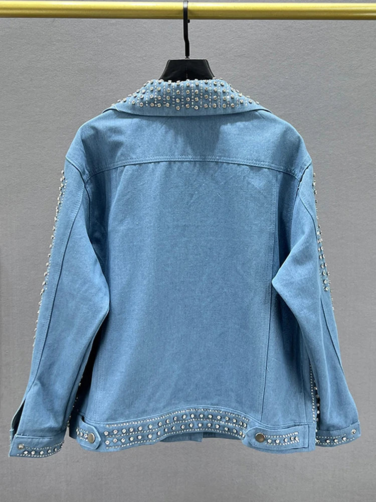 Rhinestone Embellished Denim Jacket - Festigal