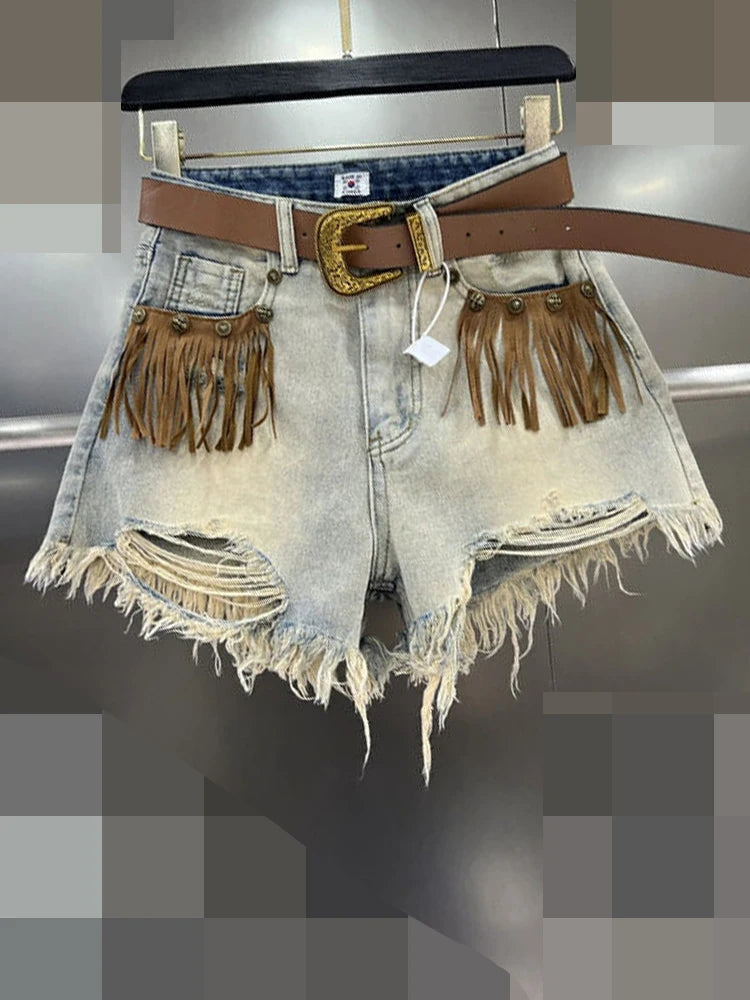 Denim Distressed Tassel Shorts - Festigal