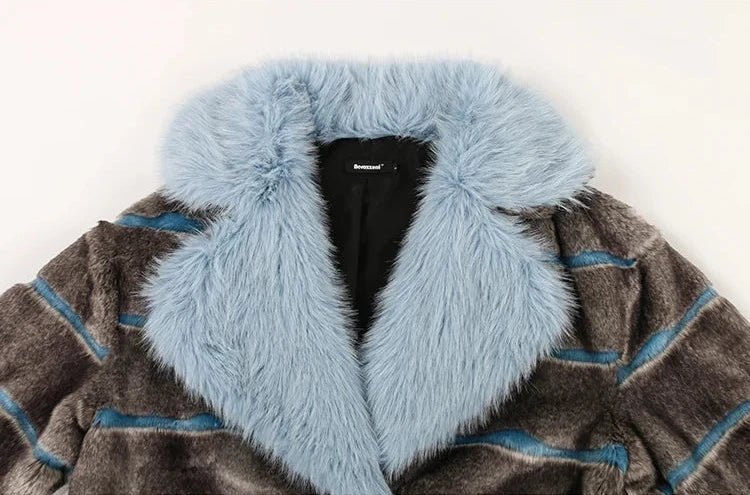 Grey and Blue Striped Faux Fur Coat - Festigal