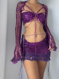 Distressed Knitted Sequin Three Piece Set - Festigal
