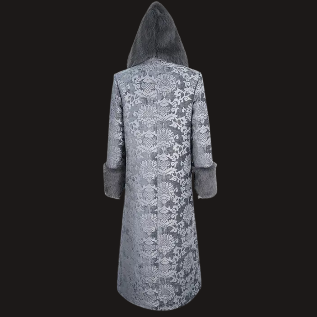 Grey Faux Fur Trim Brocade Coat - Festigal