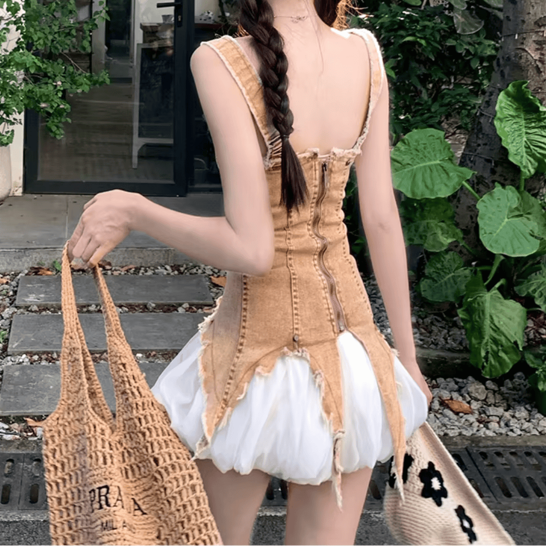 Denim Distressed Tank Top & Bubble Skirt Two Piece Set - Festigal