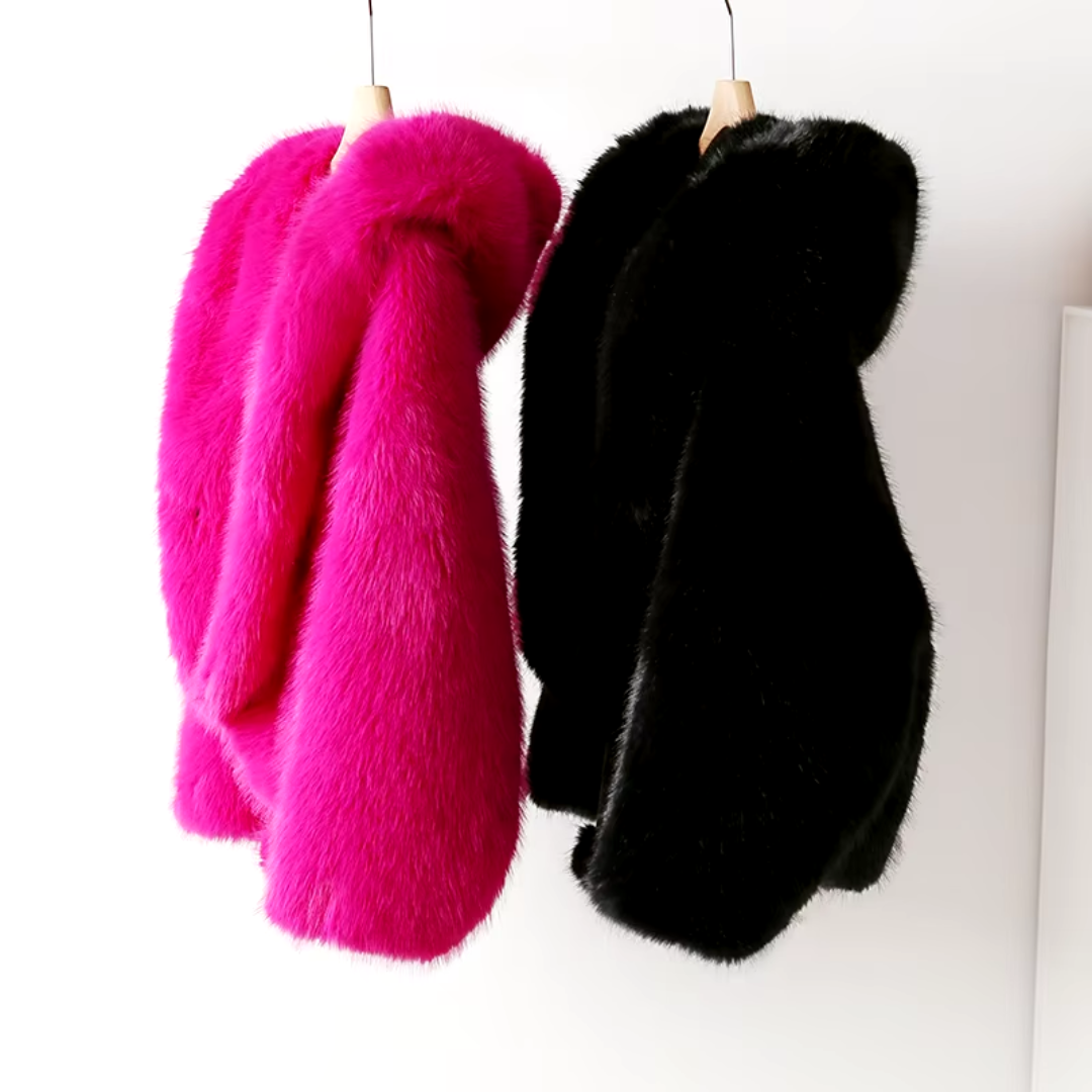 Hooded Batwing Faux Fur Coat - Festigal