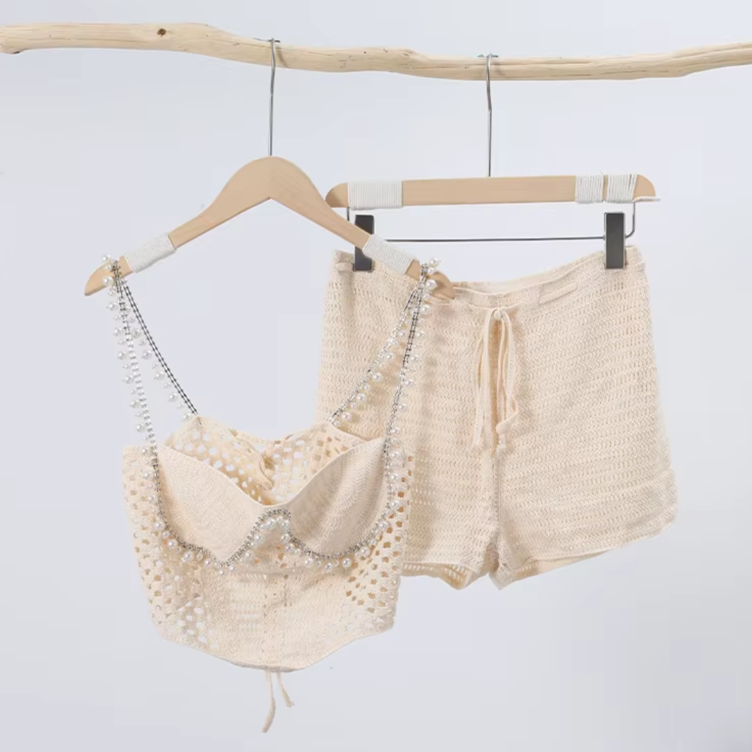 Crochet Pearl Trim Two Piece Set - Festigal