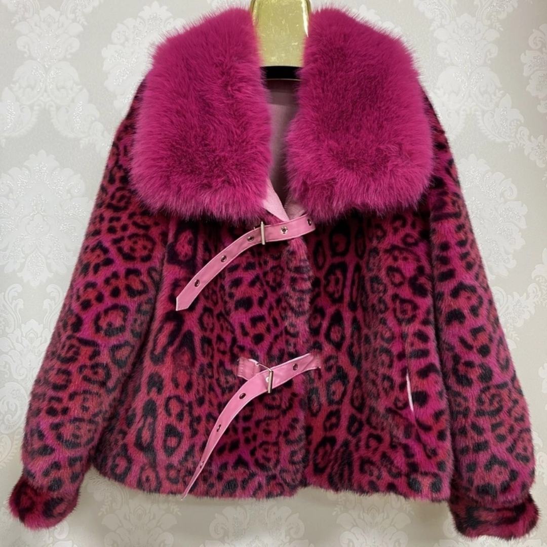 Leopard Print Buckled Faux Fur Jacket - Festigal