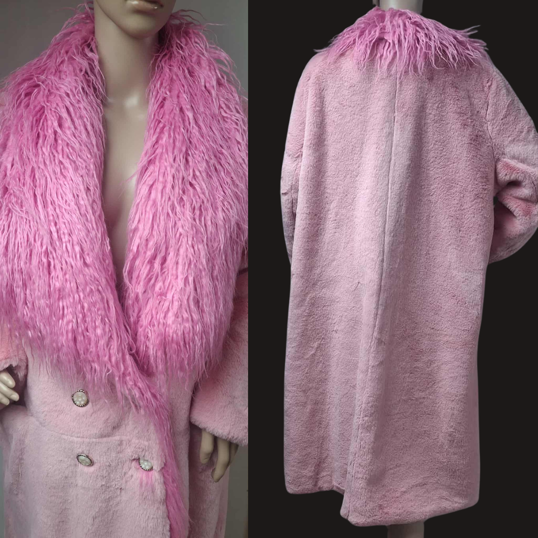 Pink Faux Fur Trim Collar Coat