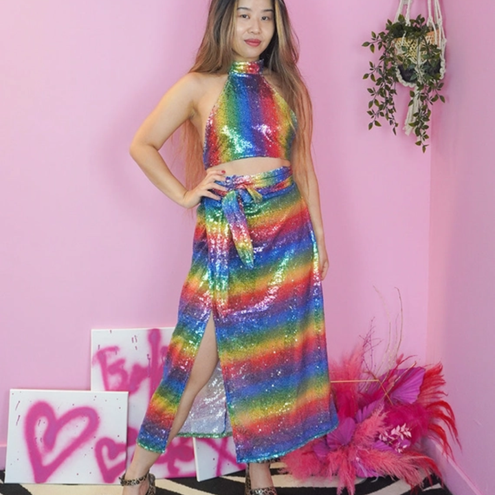 Neon Pastel Rainbow Sequin Wrap Skirt & Top Set