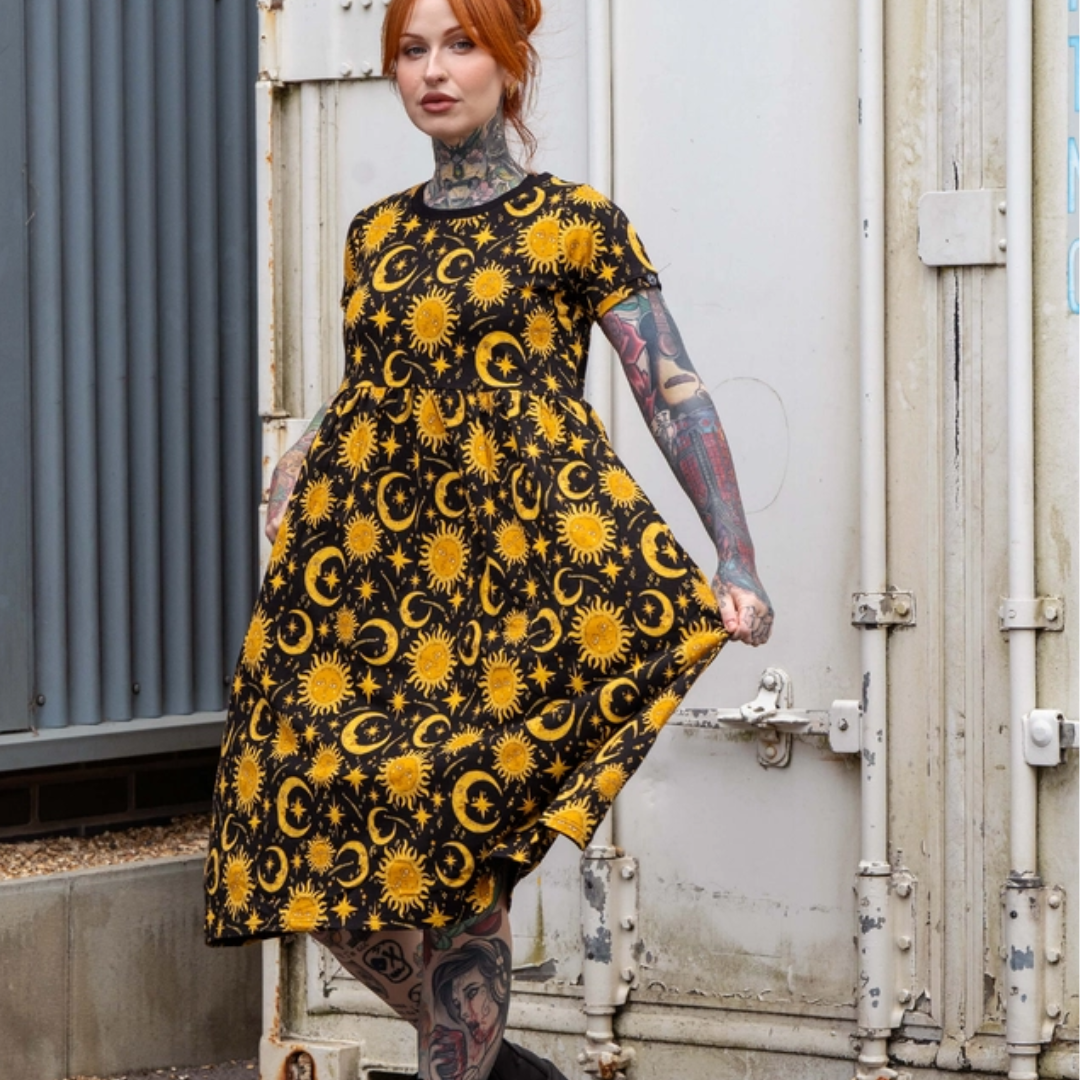 Celestial Sun and Moon Stretch Midi Smock Dress