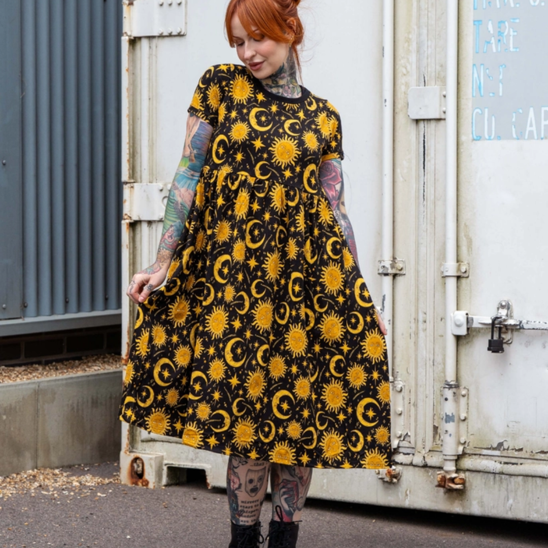 Celestial Sun and Moon Stretch Midi Smock Dress