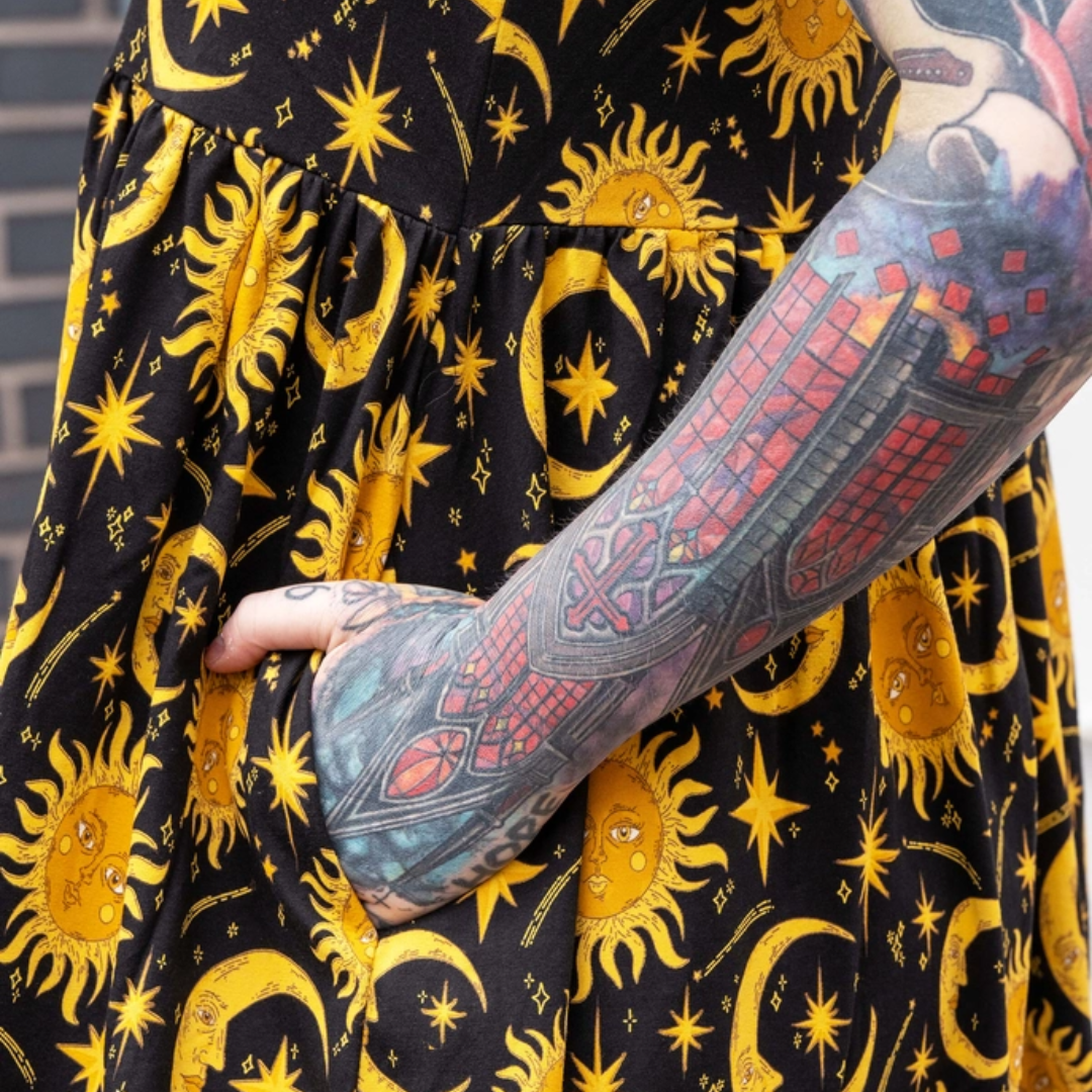 Celestial Sun and Moon Stretch Midi Smock Dress