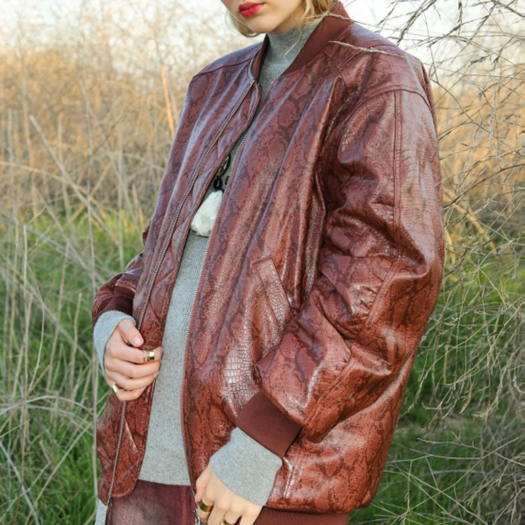 Snake Pattern Vegan Leather Bomber Jacket