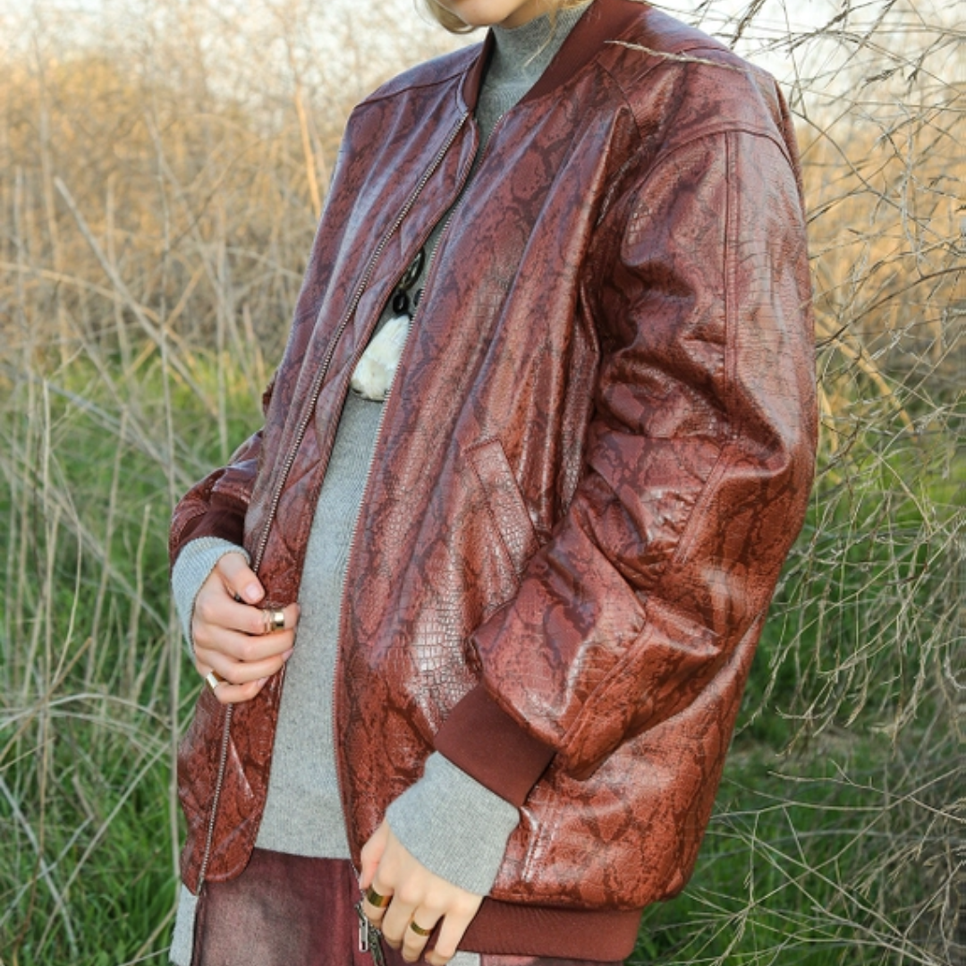 Snake Pattern Vegan Leather Bomber Jacket