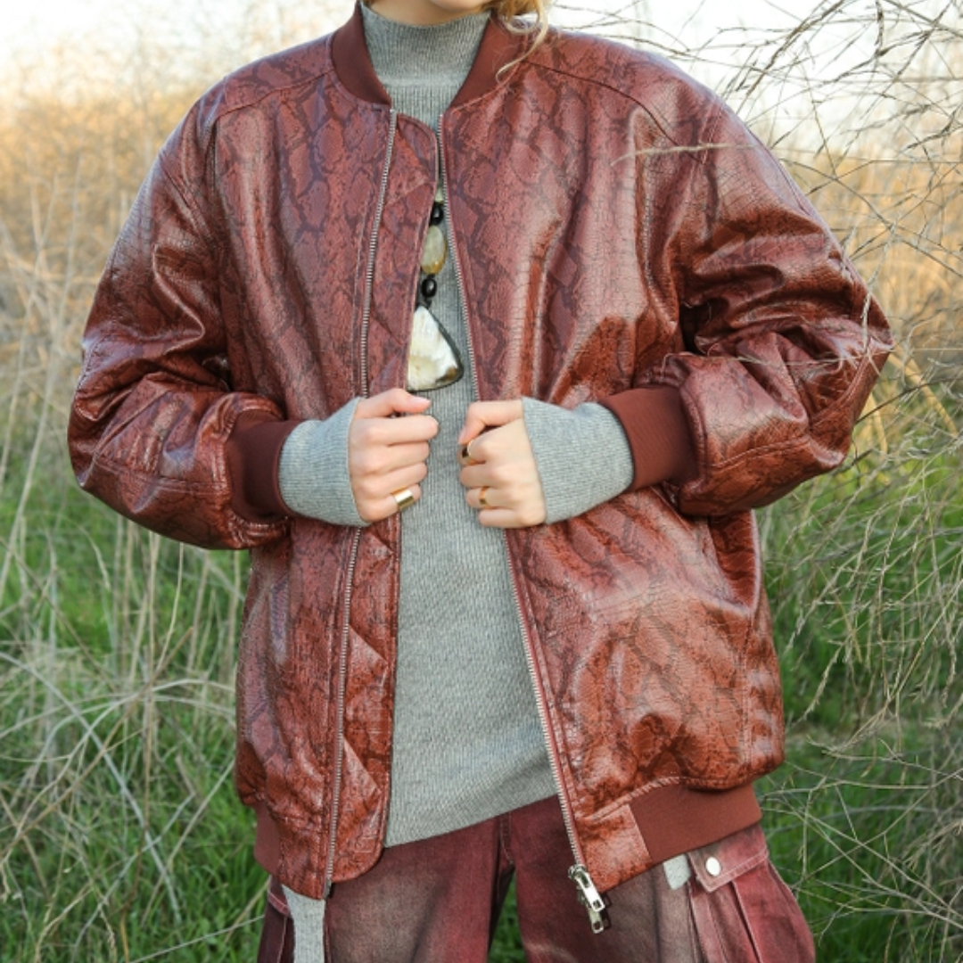 Snake Pattern Vegan Leather Bomber Jacket