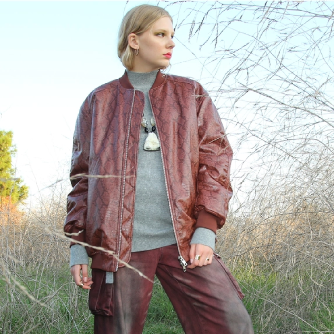 Snake Pattern Vegan Leather Bomber Jacket