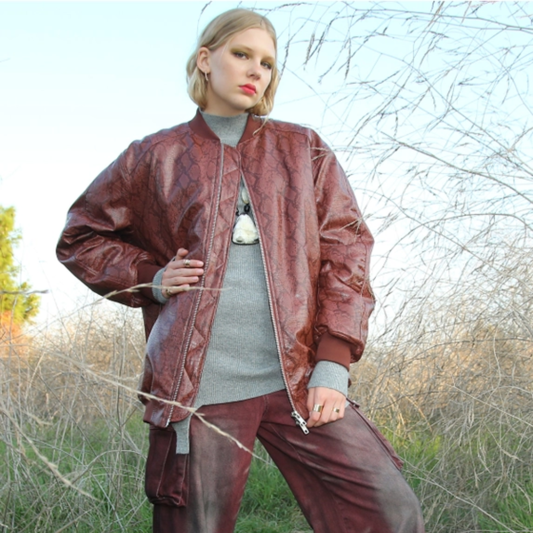 Snake Pattern Vegan Leather Bomber Jacket