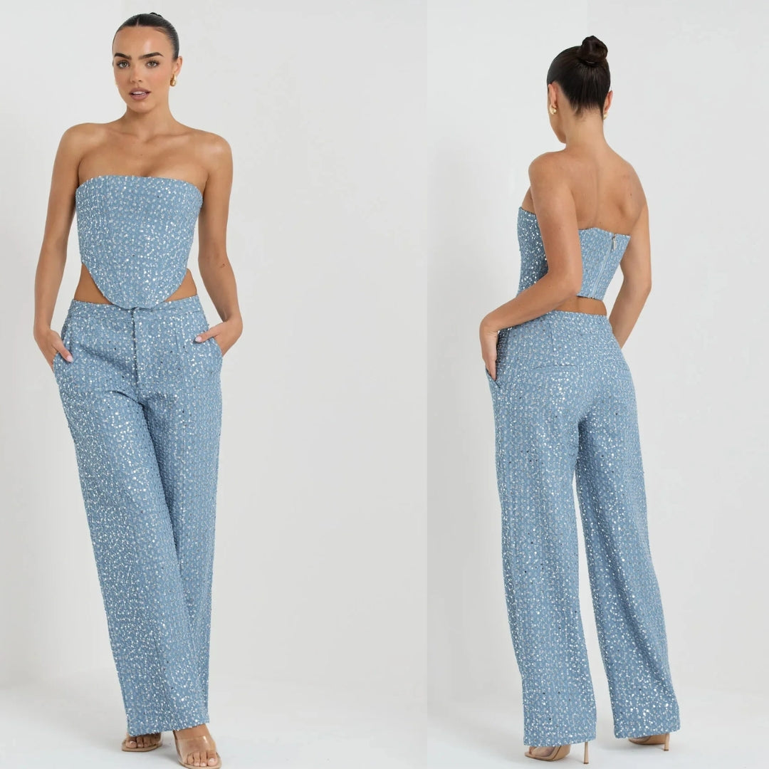 Sequin Denim Corset and Pants Two-Piece Set - Festigal