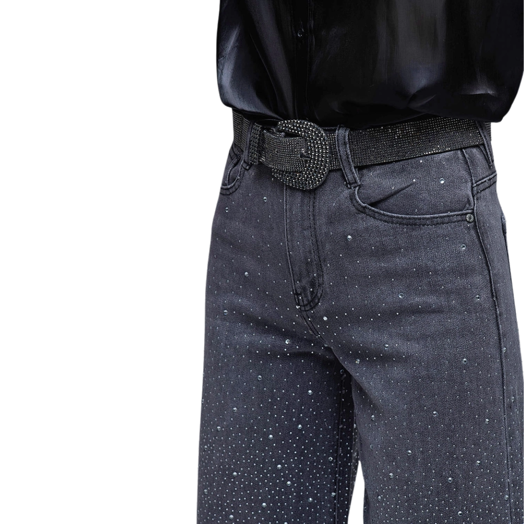 Black Rhinestone Wide Leg Jeans