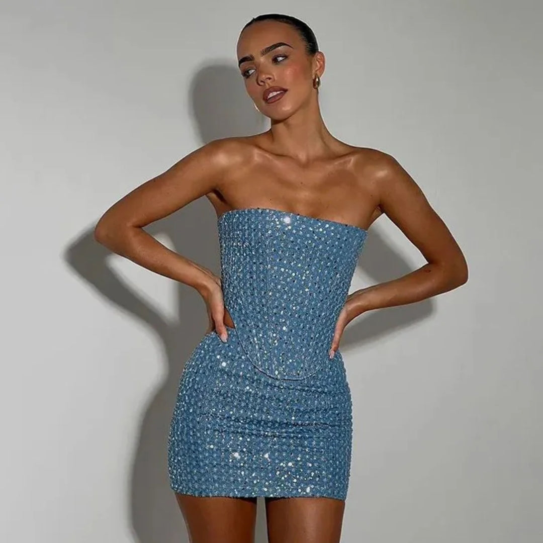 Sequin Denim Corset and Skirt Two-Piece Set - Festigal
