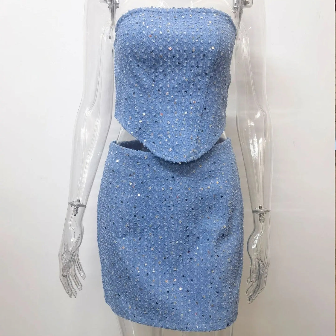 Sequin Denim Corset and Skirt Two-Piece Set - Festigal