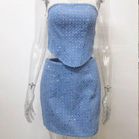 Sequin Denim Corset and Skirt Two-Piece Set - Festigal