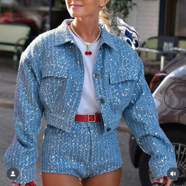 Sequin Denim Jacket and Shorts Two-Piece Set - Festigal