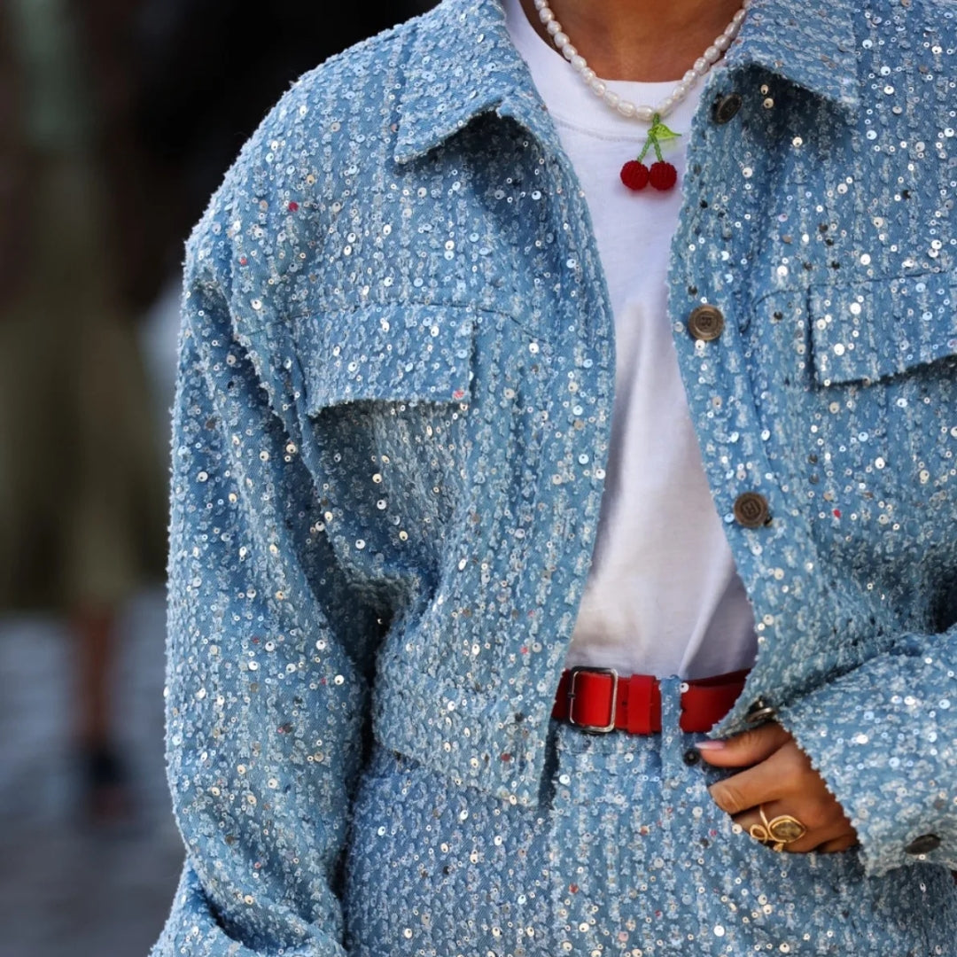 Sequin Denim Jacket and Shorts Two-Piece Set - Festigal