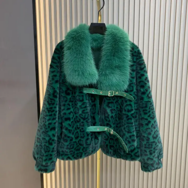 Leopard Print Buckled Faux Fur Jacket - Festigal