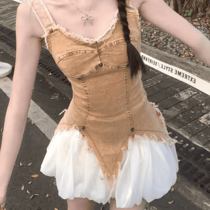 Denim Distressed Tank Top & Bubble Skirt Two Piece Set - Festigal